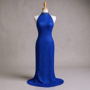 VTG Y2K Beaded Dress Gown Sz 12 Blue Maxi Bodycon Glam Fairycore Evening Formal